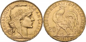 France. Third republic (1870-1940). 20 Francs 1912. KM 857; Gad. 1064a; Fried. 596a. AV. 21.00 mm. AU.