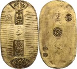 Japan. Tempo Koban Kin. KM C22b; Fried. 15; Hartill 8.24; JNDA09-21. AV. 11.20 g. RRR. 59 x 33 mm. Po in regular script. Very rare. EF. With JNDA cert...