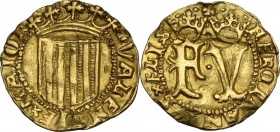 Spain. Fernando and Isabel (1479-1504). Half ducato, Valencia mint. Fried. 83. AV. 1.75 g. 16.00 mm. RR. Without mintamrk. Very rare issue. Wawy flan,...