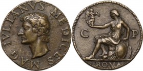 Giuliano II de Medici (1479-1516), Duca di Nemours. Medaglia (1513). D/ MAG IVLIANVS MEDICES. Testa nuda a sinistra. R/ Roma seduta su corazza e scudi...