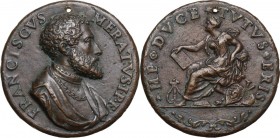 Francesco Merati. Medaglia, prima metà del XVI sec. D/ FRANCISCVS MERATVS I P F. Busto barbuto a destra, con collare. R/ ME DVCE TVTVS ERIS. Figura fe...