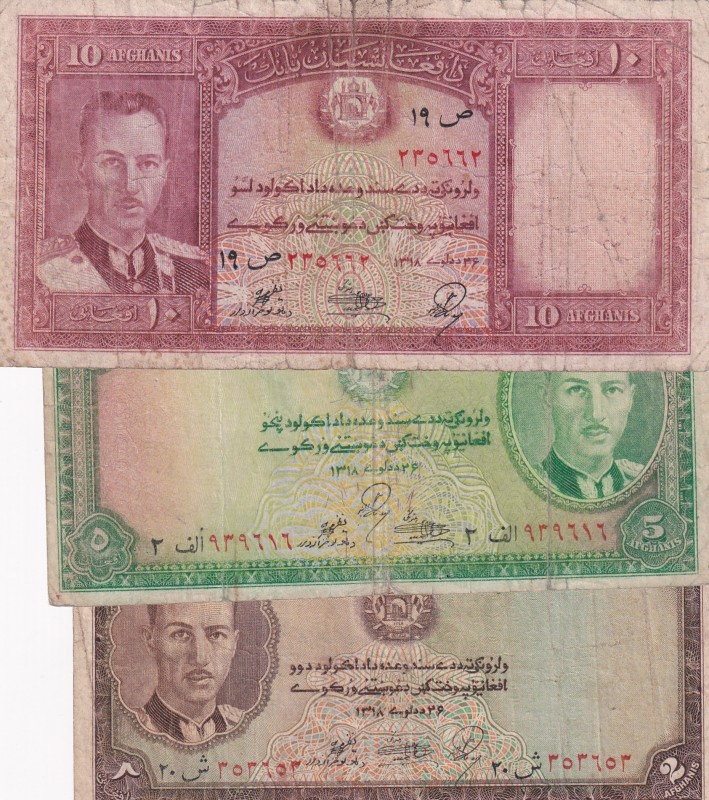 Afghanistan, 2-5-10 Afghanis, 1939, FINE, p21; p22; p23a, (Total 3 banknotes)
T...