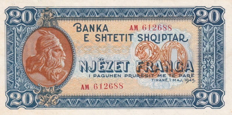 Albania, 20 Franga, 1945, AUNC(+), p16
Estimate: USD 25-50