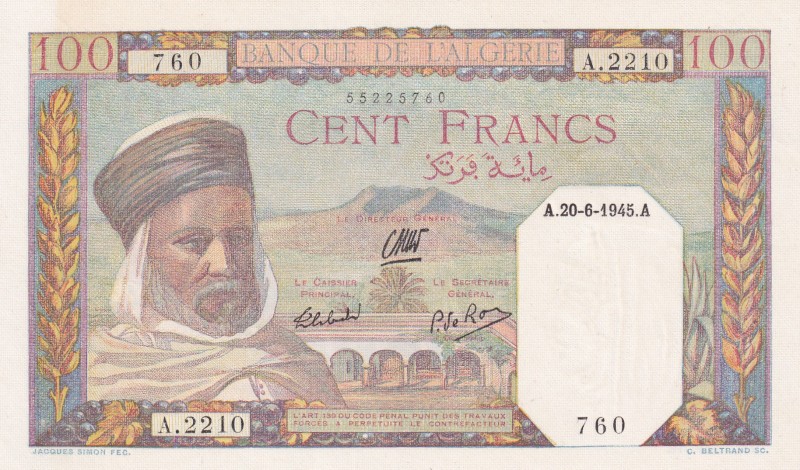 Algeria, 100 Francs, 1945, UNC, p85
Estimate: USD 85-170