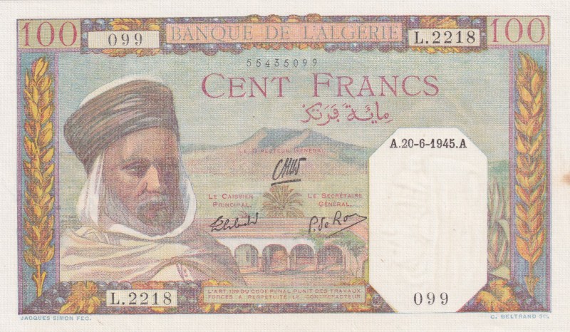 Algeria, 100 Francs, 1945, UNC(-), p85
Slightly stained
Estimate: USD 100-200