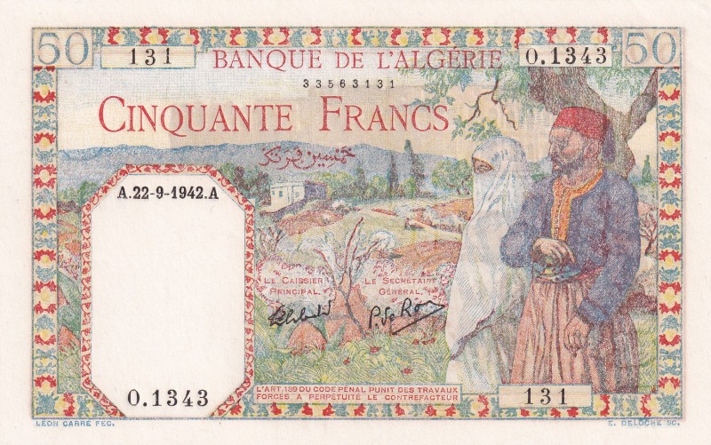 Algeria, 50 Francs, 1942, UNC, p87
There is a fracture in the upper right corne...