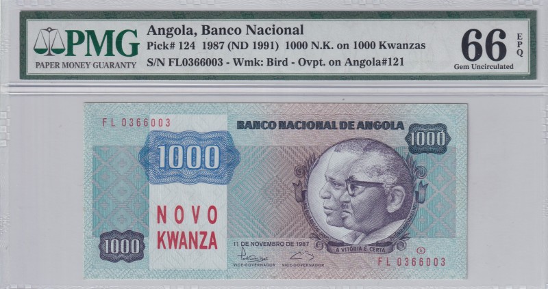 Angola, 1.000 Novo Kwanza on 1.000 Kwanzas, 1987, UNC, p124
PMG 66 EPQ
Estimat...