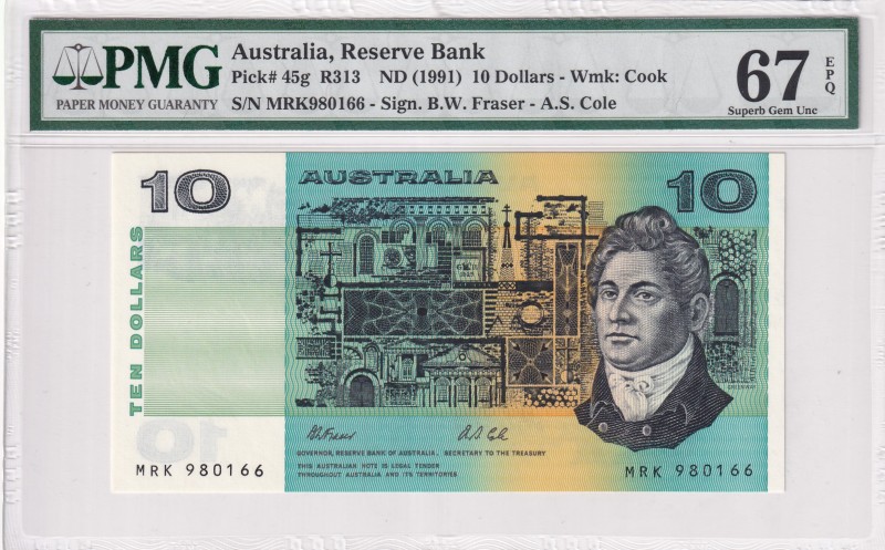 Australia, 10 Dollars, 1991, UNC, p45g
PMG 67 EPQ, High condition
Estimate: US...