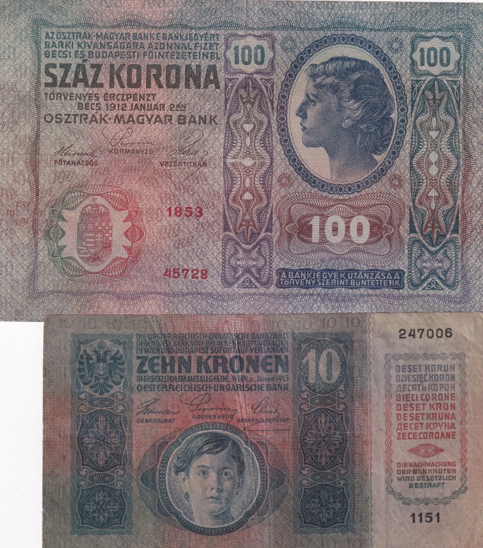 Austria, 10-100 Kronen, 1912/1915, , p12; p19, (Total 2 banknotes)
10 Kronen, 1...