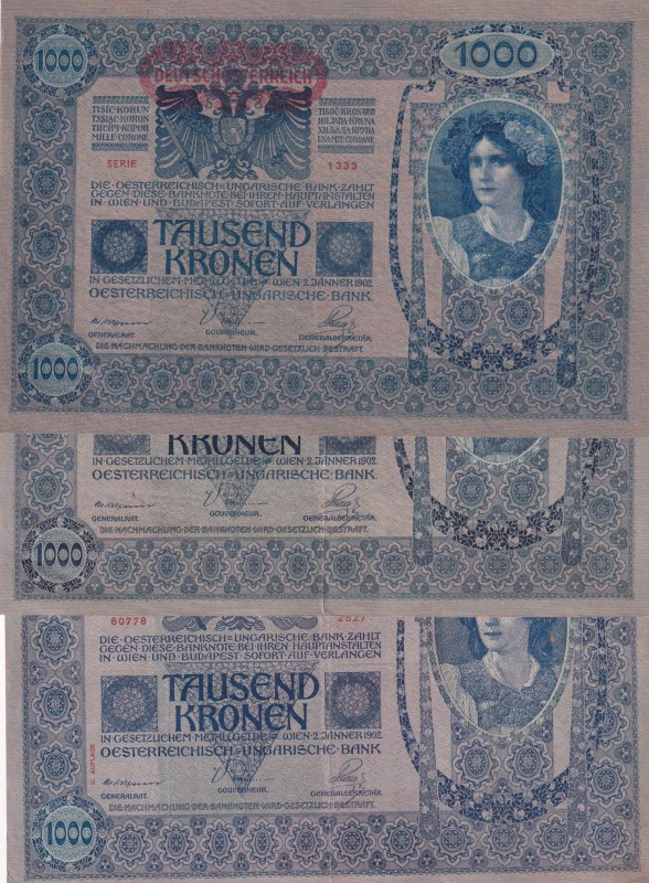 Austria, 1.000 Kronen, (Total 3 banknotes)
1919, UNC, p57; 1902, XF, p8; 1919, ...