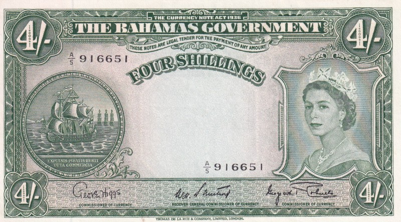 Bahamas, 4 Shillings, 1953, UNC, p13d
Queen Elizabeth II. Potrait
Estimate: US...