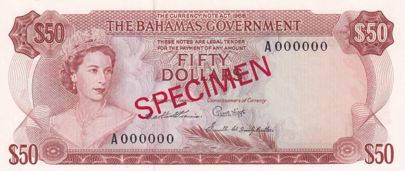 Bahamas, 50 Dollars, 1965, UNC, p24s, SPECIMEN
3 signed specimen banknotes, thi...