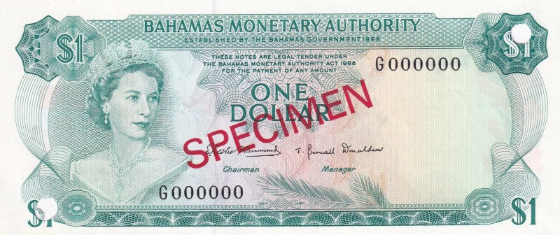 Bahamas, 1 Dollar, 1968, UNC, p27s, SPECIMEN
Queen Elizabeth II. Potrait
Estim...