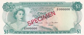 Bahamas, 1 Dollar, 1968, UNC, p27s, SPECIMEN
Queen Elizabeth II. Potrait
Estimate: USD 75-150
