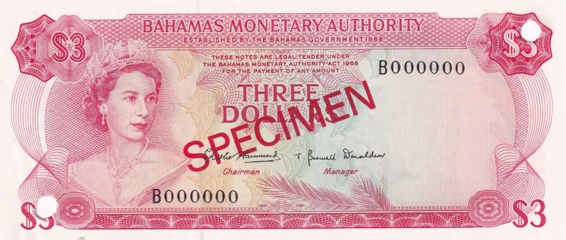 Bahamas, 3 Dollars, 1968, UNC, p28s, SPECIMEN
Queen Elizabeth II. Potrait
Esti...