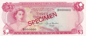 Bahamas, 3 Dollars, 1968, UNC, p28s, SPECIMEN
Queen Elizabeth II. Potrait
Estimate: USD 60-120