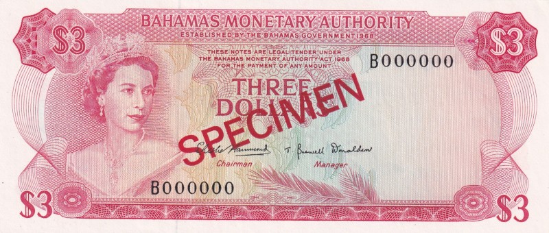 Bahamas, 3 Dollars, 1968, UNC, p28s, SPECIMEN
Queen Elizabeth II. Potrait
Esti...