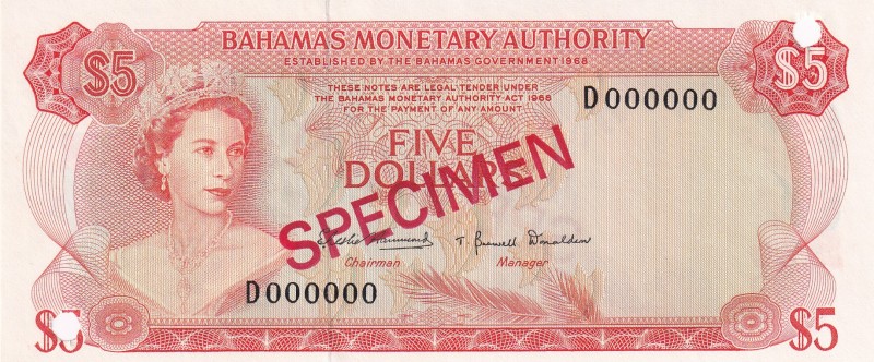 Bahamas, 5 Dollars, 1968, UNC, p29s, SPECIMEN
Queen Elizabeth II. Potrait
Esti...