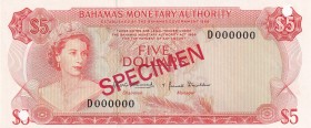 Bahamas, 5 Dollars, 1968, UNC, p29s, SPECIMEN
Queen Elizabeth II. Potrait
Estimate: USD 150-300