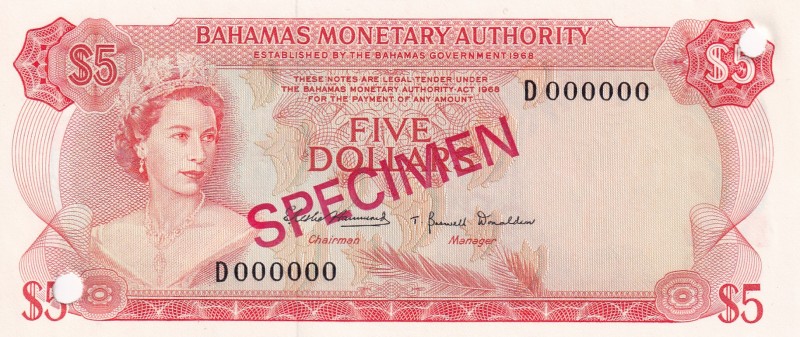 Bahamas, 5 Dollars, 1968, UNC(-), p29s, SPECIMEN
Queen Elizabeth II. Potrait
E...