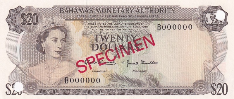 Bahamas, 20 Dollars, 1968, UNC, p31s, SPECIMEN
Queen Elizabeth II. Potrait
Est...