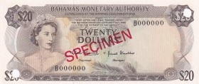 Bahamas, 20 Dollars, 1968, UNC, p31s, SPECIMEN
Queen Elizabeth II. Potrait
Estimate: USD 125-250
