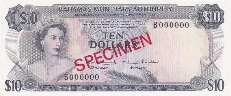 Bahamas, 10 Dollars, 1968, UNC, p30s, SPECIMEN
Queen Elizabeth II. Potrait
Est...