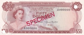 Bahamas, 50 Dollars, 1968, UNC, p32s, SPECIMEN
Queen Elizabeth II. Potrait
Estimate: USD 150-300