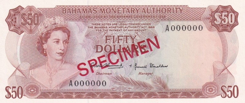 Bahamas, 50 Dollars, 1968, UNC, p32s, SPECIMEN
Queen Elizabeth II. Potrait
Est...