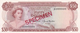 Bahamas, 50 Dollars, 1968, UNC, p32s, SPECIMEN
Queen Elizabeth II. Potrait
Estimate: USD 250-500