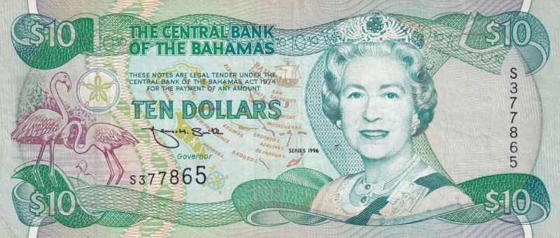Bahamas, 10 Dollars, 1996, XF, p59a
Queen Elizabeth II. Potrait
Estimate: USD ...