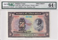 Belgian Congo, 50 Francs, 1948, UNC, p16fs, SPECIMEN
PMG 64 EPQ
Estimate: USD 750-1500