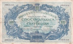Belgium, 500 Francs=100 Belgas, 1934, FINE(+), p103a
There are stains and openings.
Estimate: USD 15-30