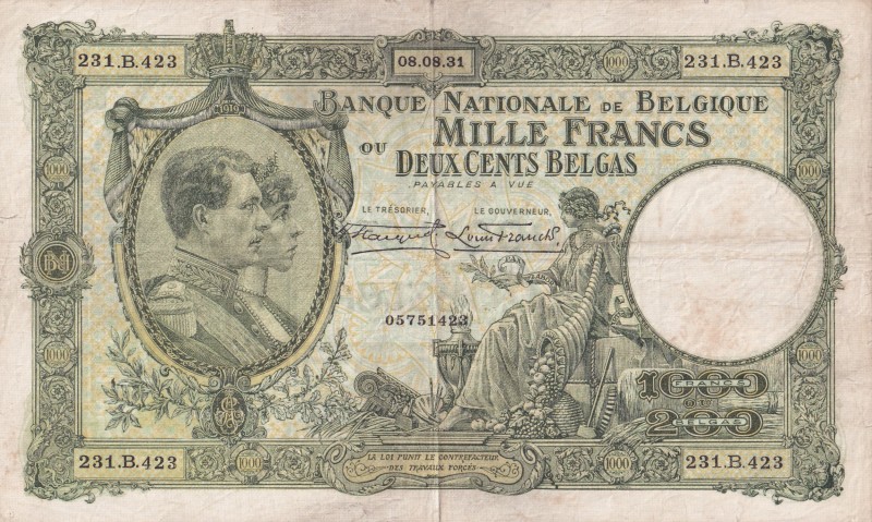 Belgium, 1.000 Francs=200 Belgas, 1931, VF, p104
There are stains and openings....