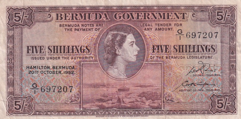 Bermuda, 5 Shillings, 1952, VF, p18a
Queen Elizabeth II. Potrait
Estimate: USD...