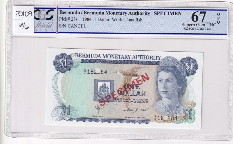 Bermuda, 1 Dollar, 1984, UNC, p28s, SPECIMEN
PCGS 67 OPQ
Estimate: USD 50-100