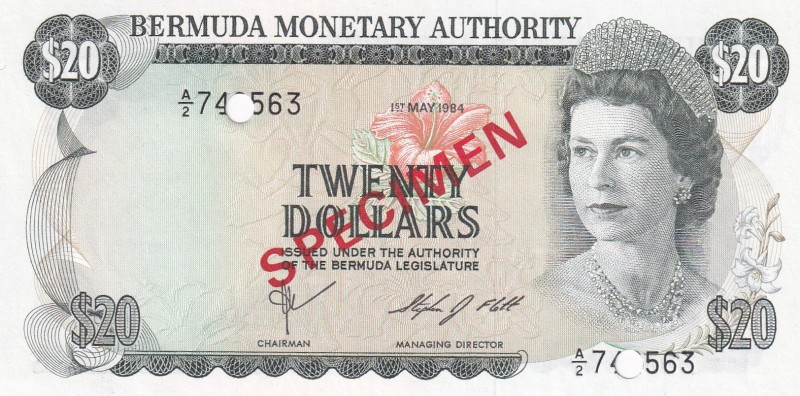 Bermuda, 20 Dollars, 1984, UNC, p31s, SPECIMEN
Queen Elizabeth II. Potrait
Est...