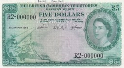 British Caribbean Territories, 5 Dollars, 1962, UNC, p9cs, SPECIMEN
Queen Elizabeth II. Potrait
Estimate: USD 1.500-2.000