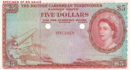 British Caribbean Territories, 5 Dollars, 1953, UNC, p9cts, SPECİMEN, COLOR TRİAL
Queen Elizabeth II. Potrait
Estimate: USD 1500-3000
