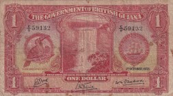British Guiana, 1 Dollar, 1938, FINE, p12b
Torn spots have peeling and ballpoint pen writing
Estimate: USD 75-150