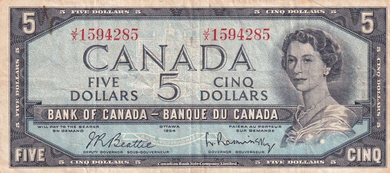 Canada, 5 Dollars, 1954, VF, p77b
Has punch holes