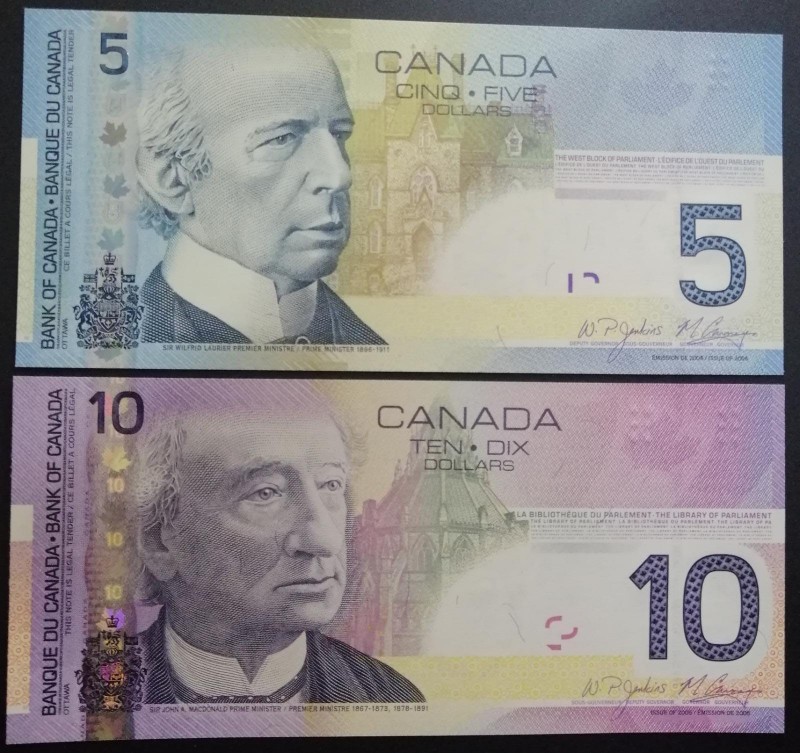 Canada, 5-10 Dollars, 2005/2006, UNC, p102Ab; p101Aa, (Total 2 banknotes)