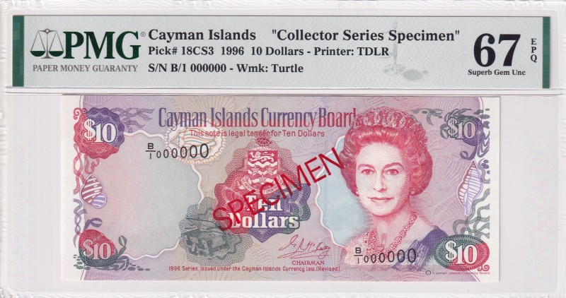 Cayman Islands, 10 Dollars, 1996, UNC, p18CS3, SPECIMEN
PMG 67 EPQ, High condit...