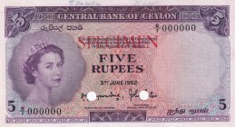 Ceylon, 5 Rupees, 1952, UNC, p52s, SPECIMEN
Queen Elizabeth II. Potrait
Estimate: USD 2250-4500