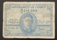 Cyprus, 3 Piastres, 1944, FINE, p28a
There is wear and tear
Estimate: USD 30-60