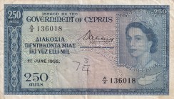 Cyprus, 250 Mils, 1955, VF, p33a
Has a ballpoint pen
Estimate: USD 100-200