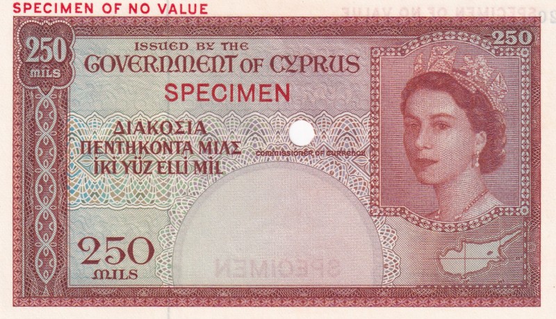 Cyprus, 250 Mils, 1955, UNC, p33cts, SPECIMEN
Queen Elizabeth II. Potrait
Esti...