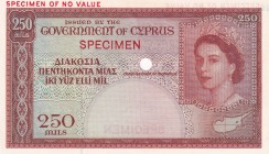 Cyprus, 250 Mils, 1955, UNC, p33cts, SPECIMEN
Queen Elizabeth II. Potrait
Estimate: USD 3.000-6.000
