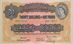 East Africa, 20 Shillings=1 Pound, 1955, AUNC, p35a
Queen Elizabeth II. Potrait
Estimate: USD 300-600