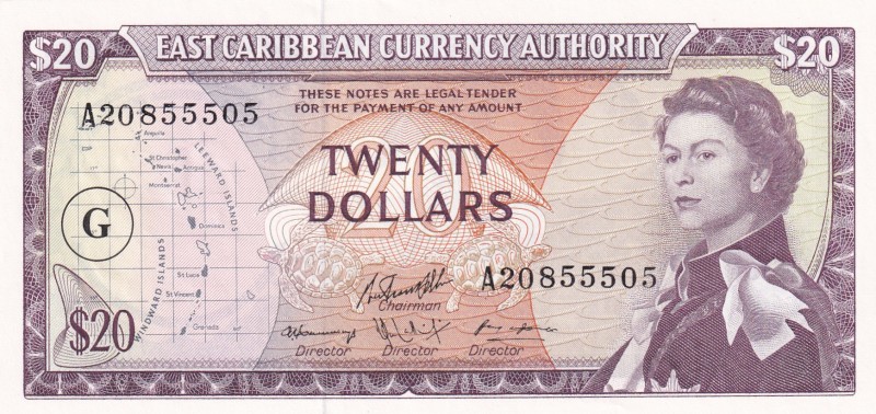 East Caribbean States, 20 Dollars, 1965, UNC, p15j
Queen Elizabeth II. Potrait...